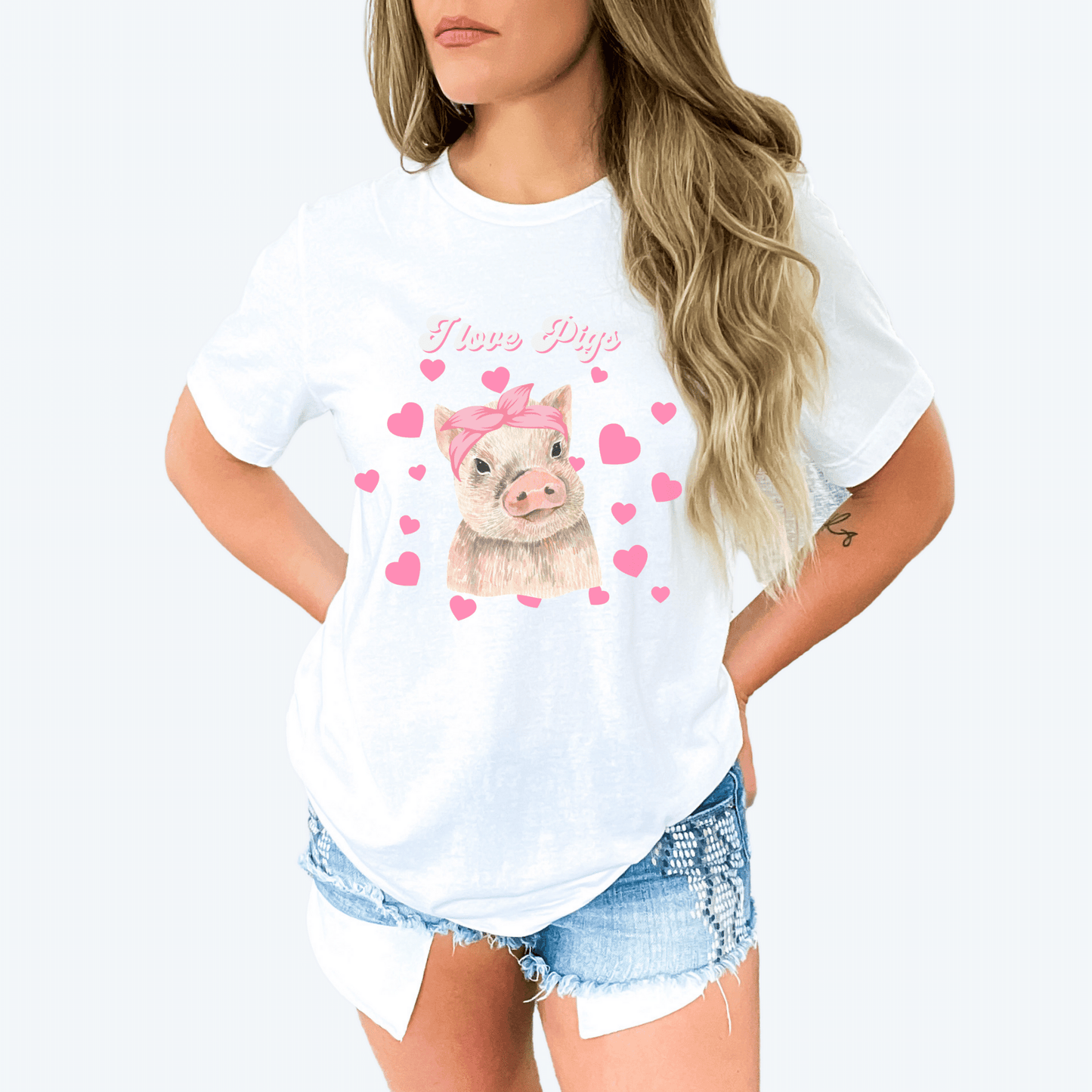 This product features an adorable design of a piglet surrounded by pink hearts, perfect for those who love pigs.