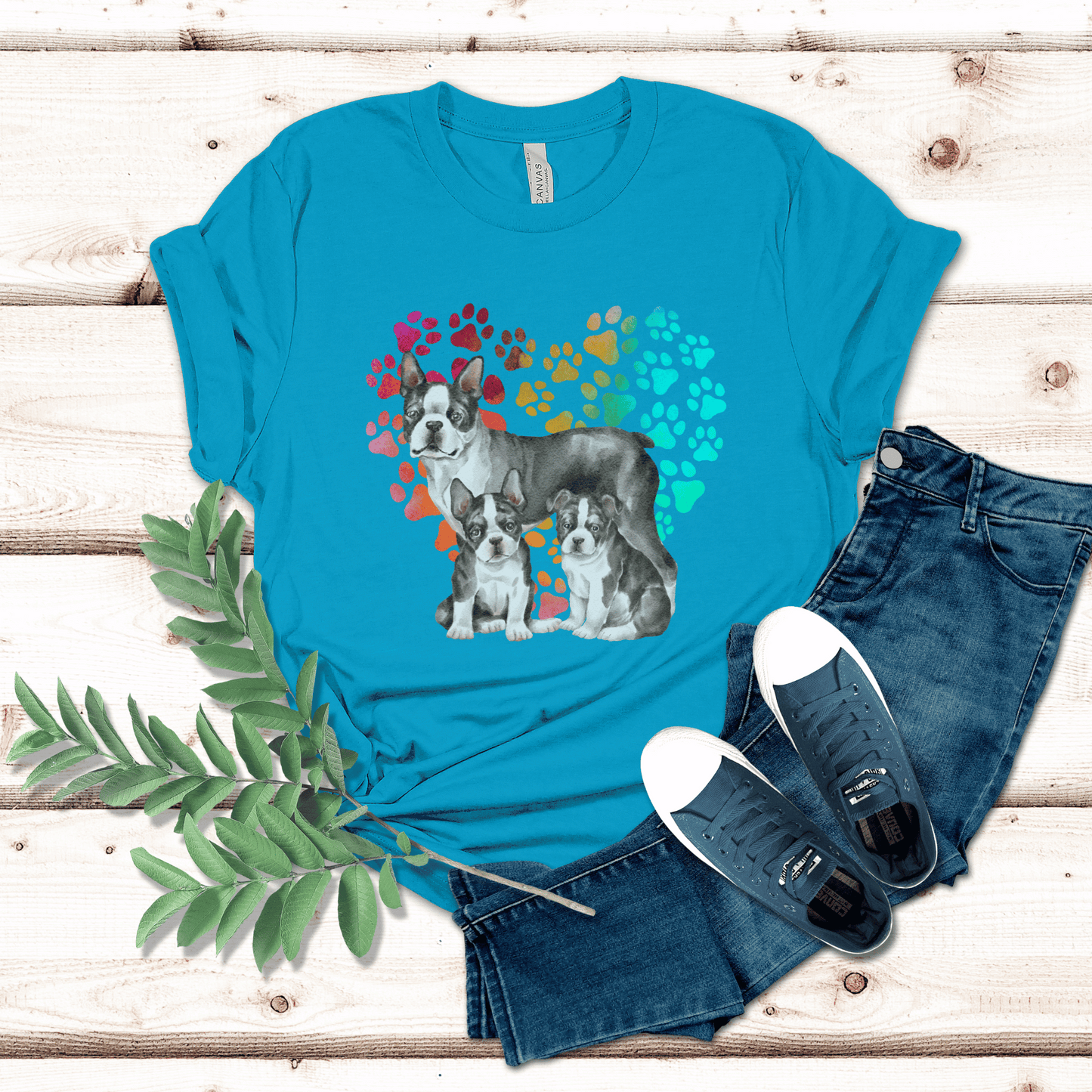 This Boston Terrier t-shirt features a paw print heart in the background, making it a unique and thoughtful gift for dog lovers, pet owners, and Boston Terrier moms. The shirt is perfect for anyone who wants to show off their love for their furry friend.