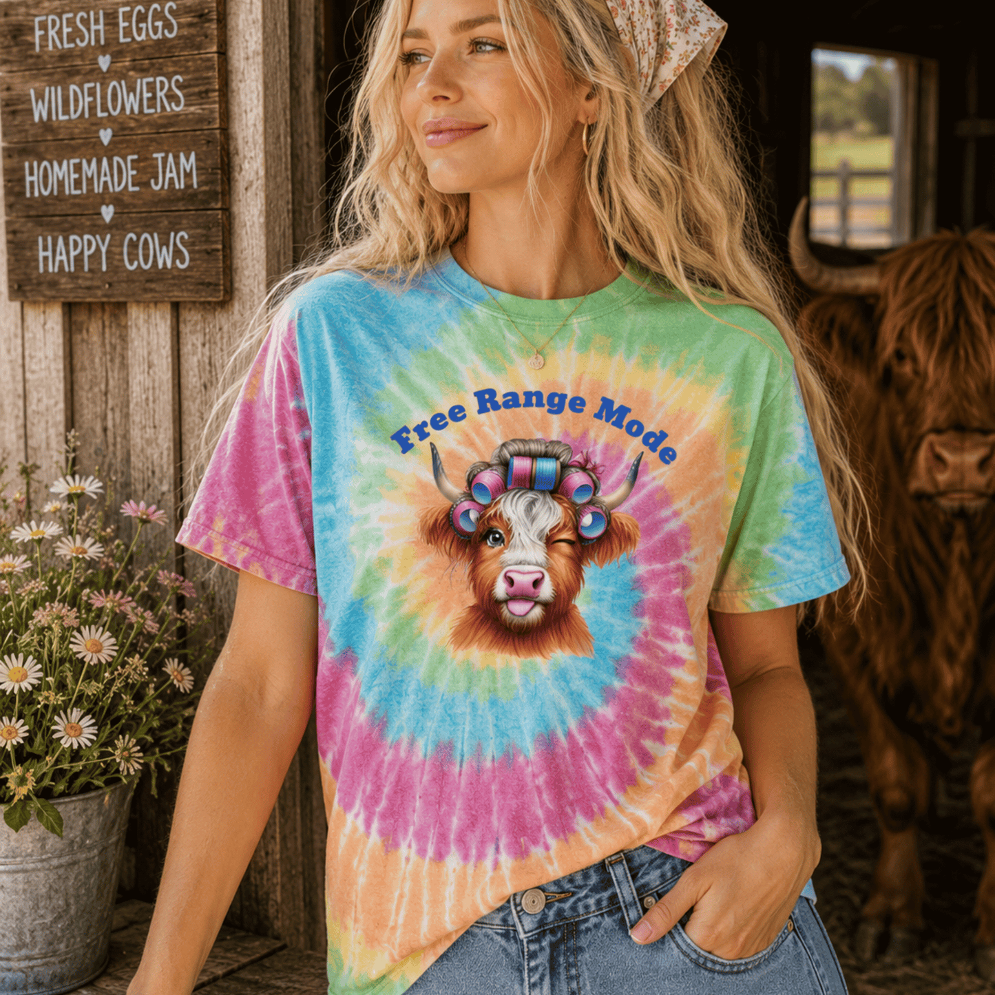 "New " Highland Cow  Free Range Mode Tie-Dye Tee