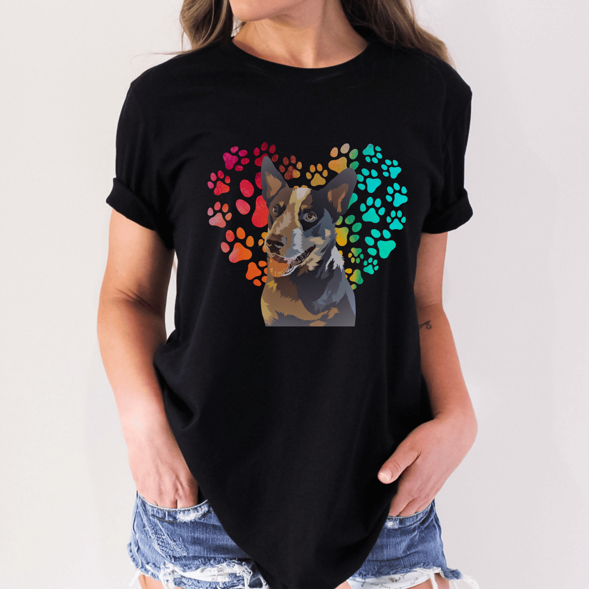 This Blue Heeler t-shirt features a paw print heart in the background, making it a unique and thoughtful gift for dog lovers, pet owners, and Blue Heeler. The shirt is perfect for anyone who wants to show off their love for their furry friend.