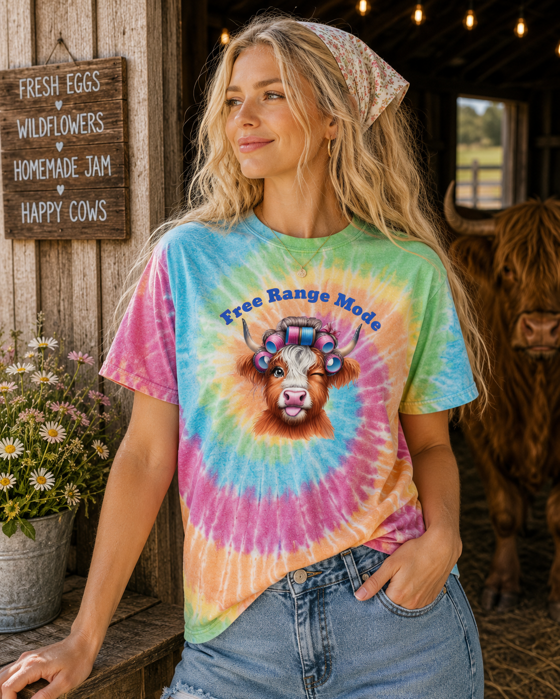"New " Free Range Mode Highland Cow Tie-Dye Tee