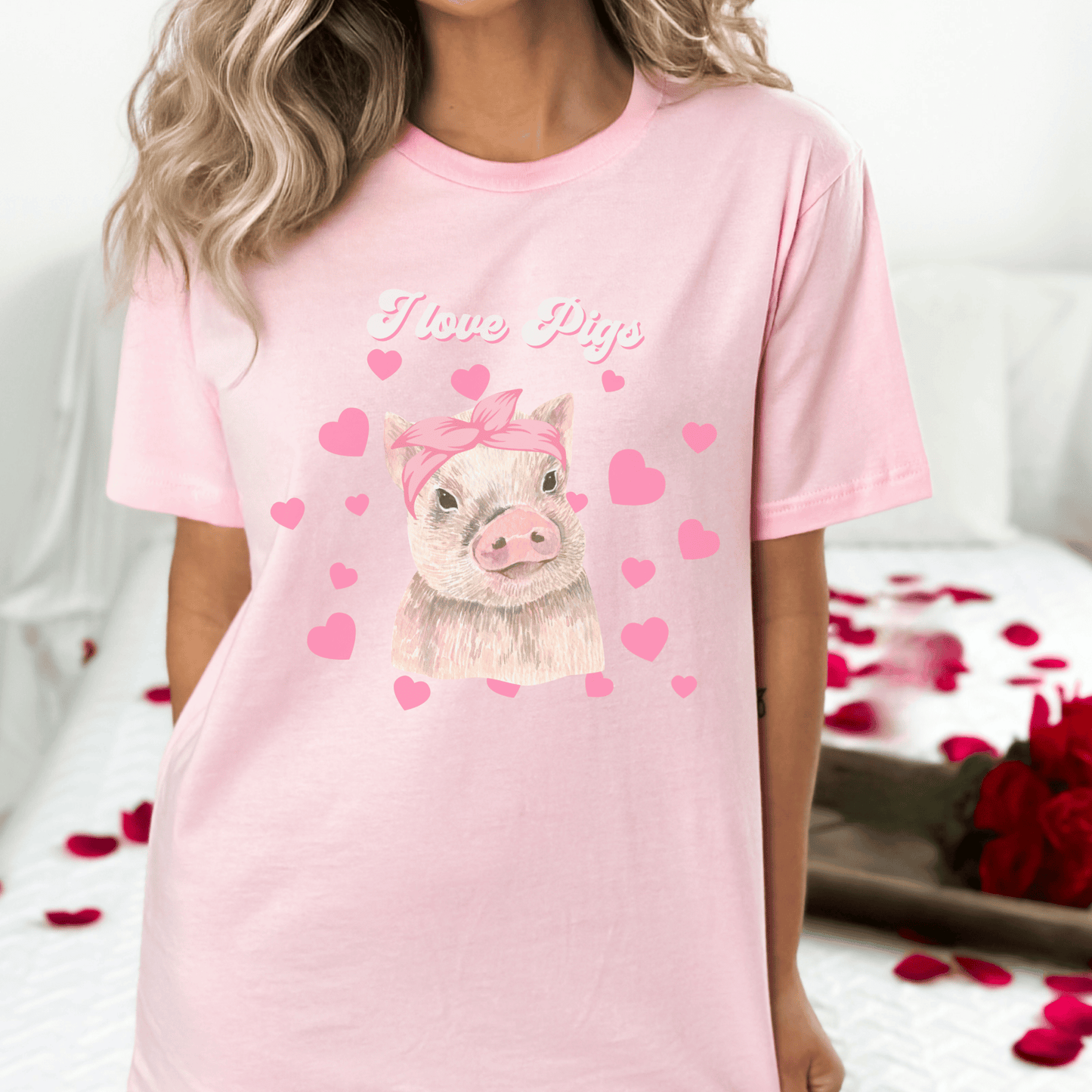 This product features an adorable design of a piglet surrounded by pink hearts, perfect for those who love pigs.