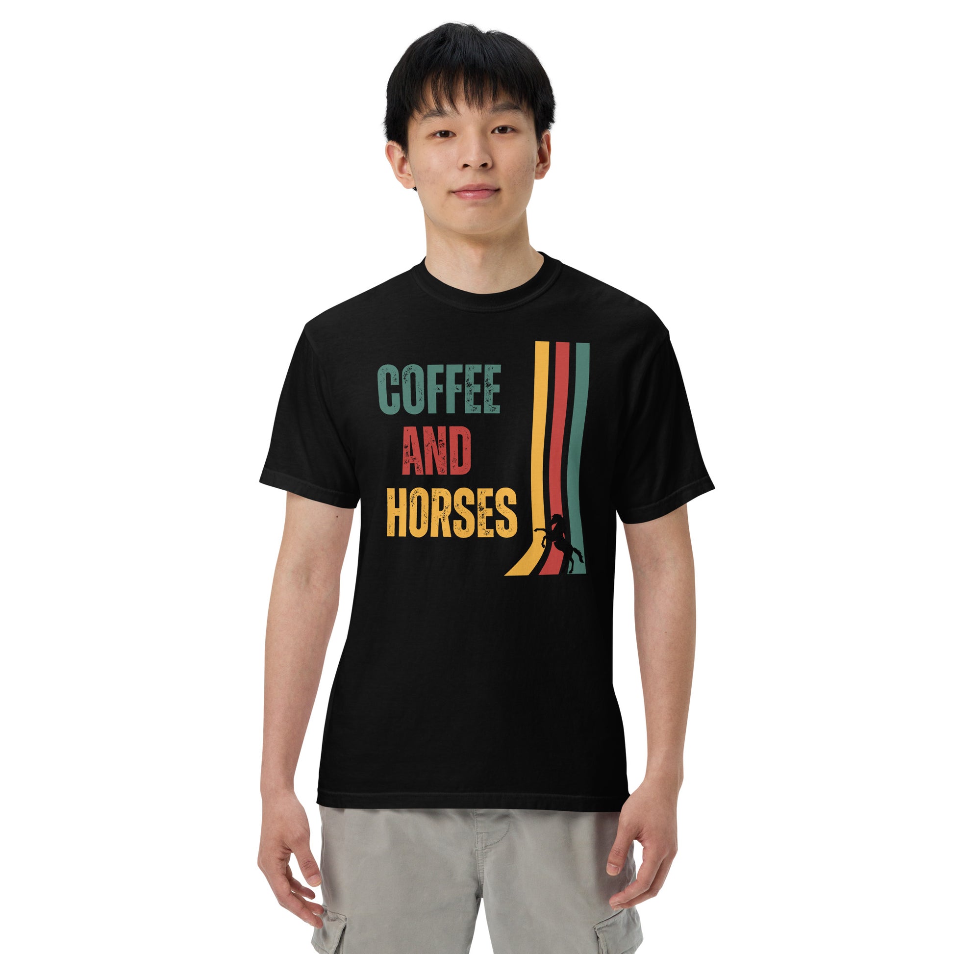 Graphic tee with the saying Coffee and Horses in a vintage font printed on a comfort colors tee.