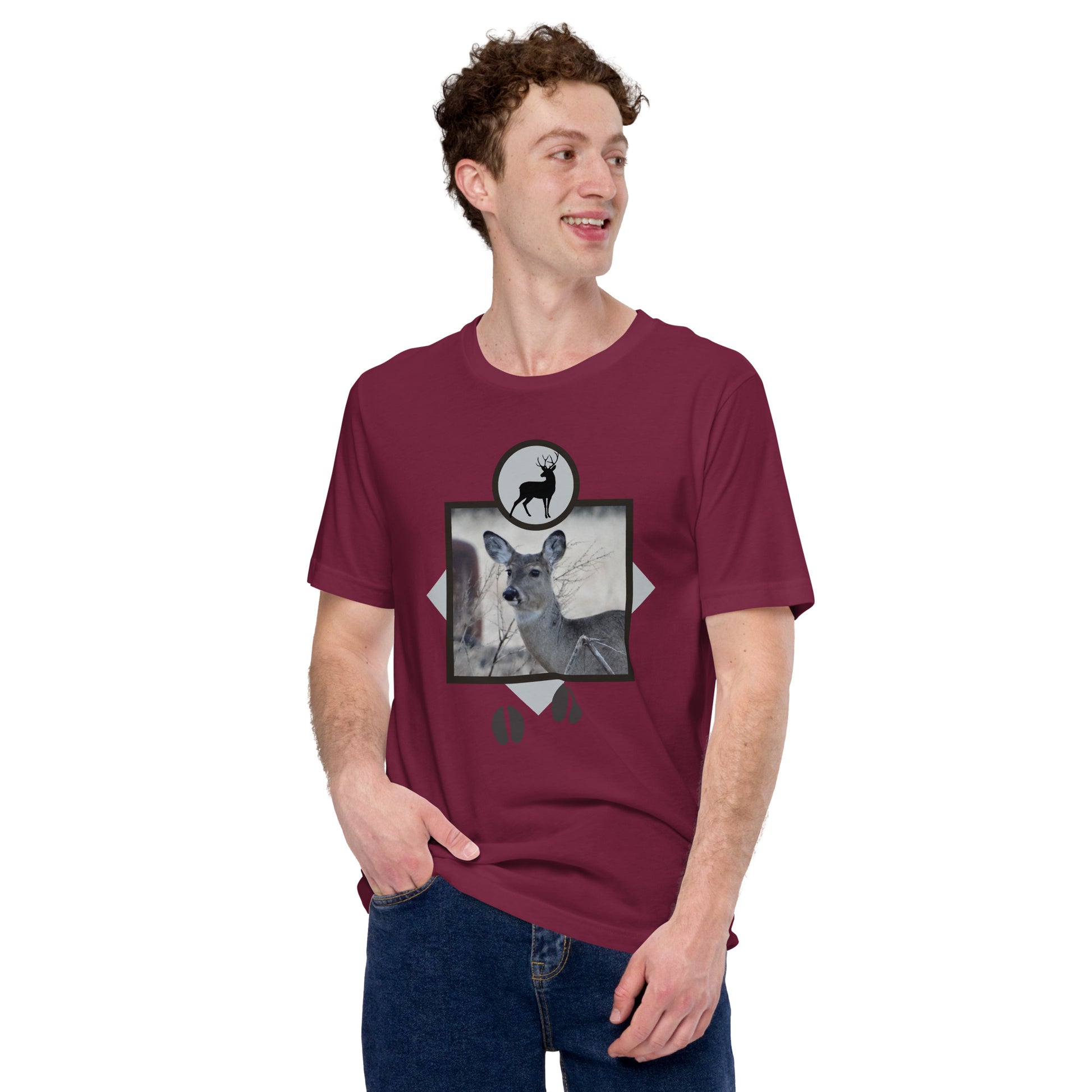 This whitetail deer graphic design Men's t-shirt is a perfect gift for any hunting enthusiast! The shirt features a striking image of a majestic deer, making it a great addition to any outdoors man's wardrob