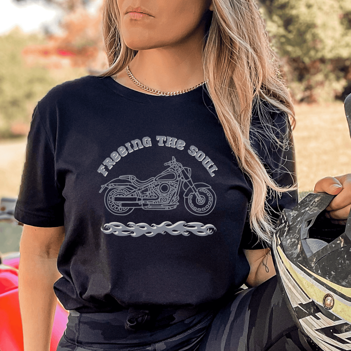 "Freeing the Soul" tee, designed for both men and women who love motorcycle riding! Made with high-quality materials, this tee not only looks great but also provides maximum comfort during long rides
