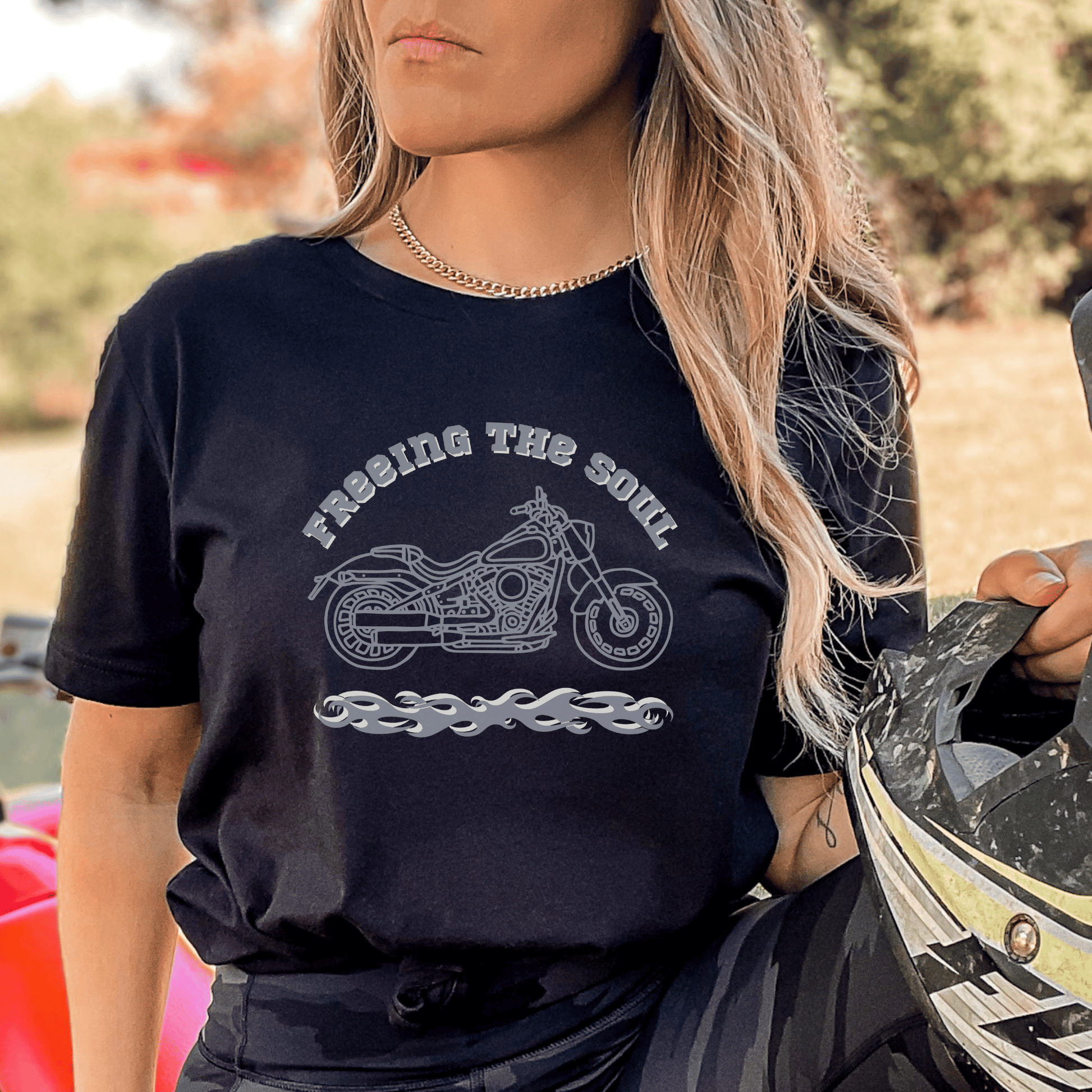 "Freeing the Soul" tee, designed for both men and women who love motorcycle riding! Made with high-quality materials, this tee not only looks great but also provides maximum comfort during long rides