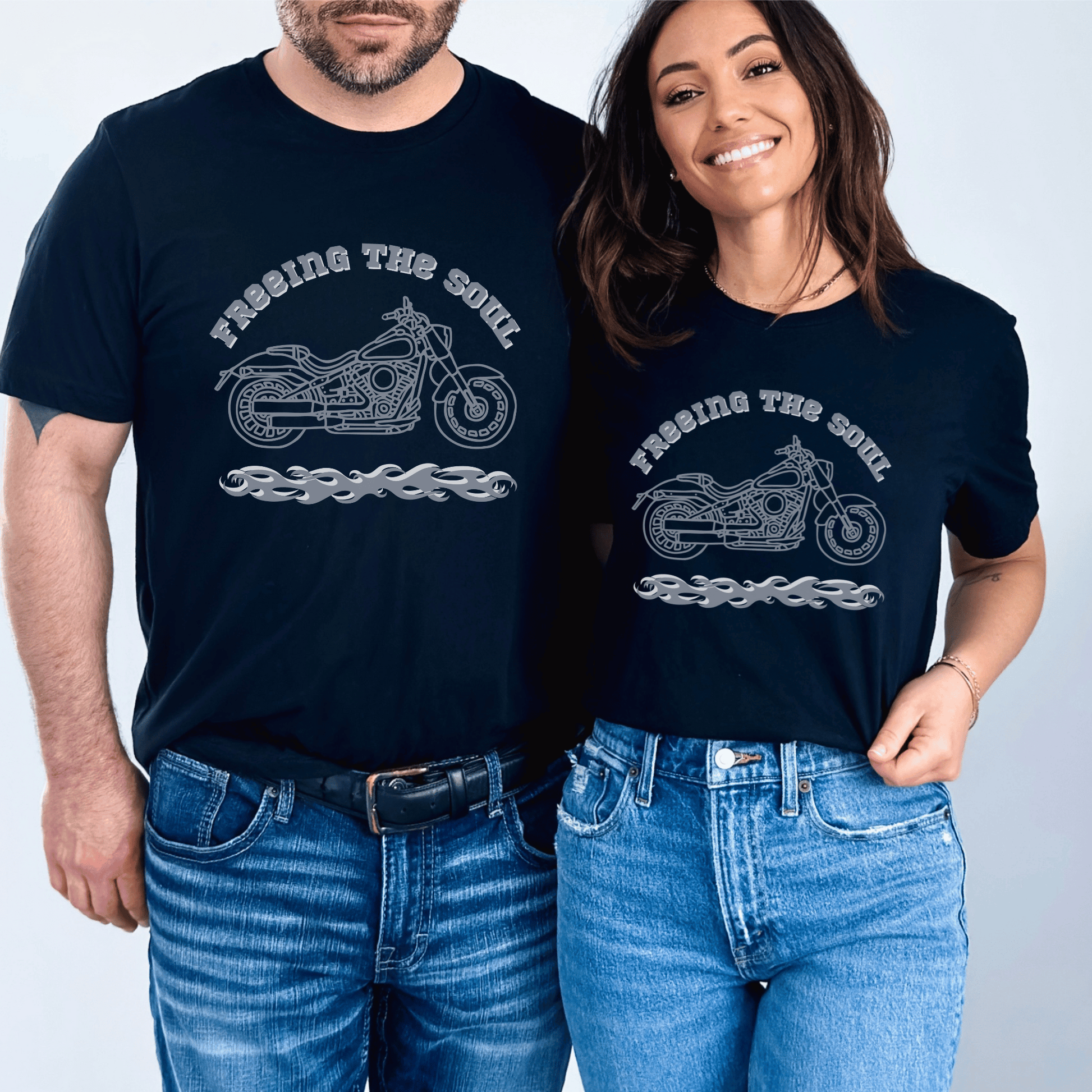 "Freeing the Soul" tee, designed for both men and women who love motorcycle riding! Made with high-quality materials, this tee not only looks great but also provides maximum comfort during long rides