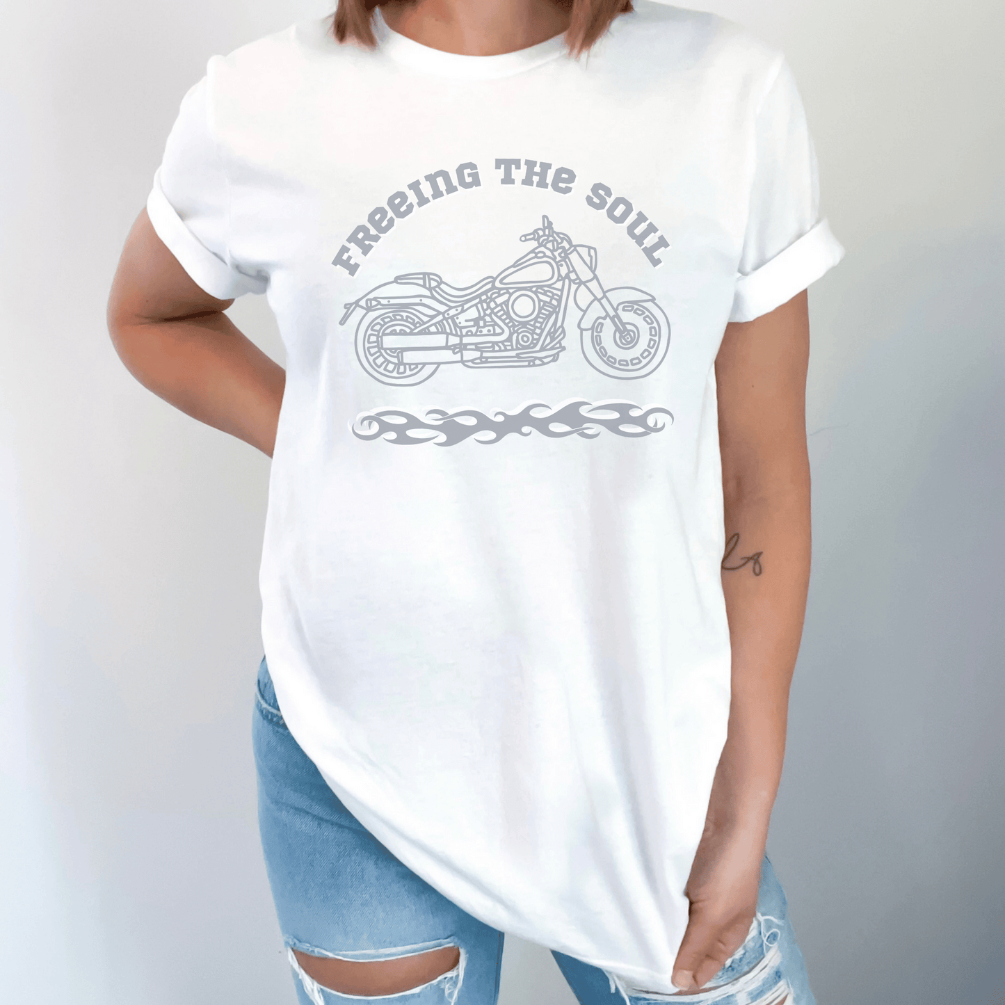 "Freeing the Soul" tee, designed for both men and women who love motorcycle riding! Made with high-quality materials, this tee not only looks great but also provides maximum comfort during long rides