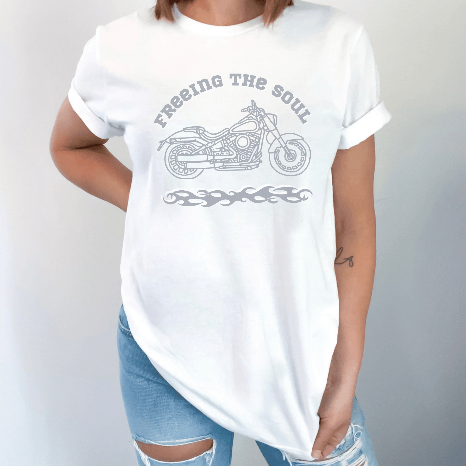 "Freeing the Soul" tee, designed for both men and women who love motorcycle riding! Made with high-quality materials, this tee not only looks great but also provides maximum comfort during long rides